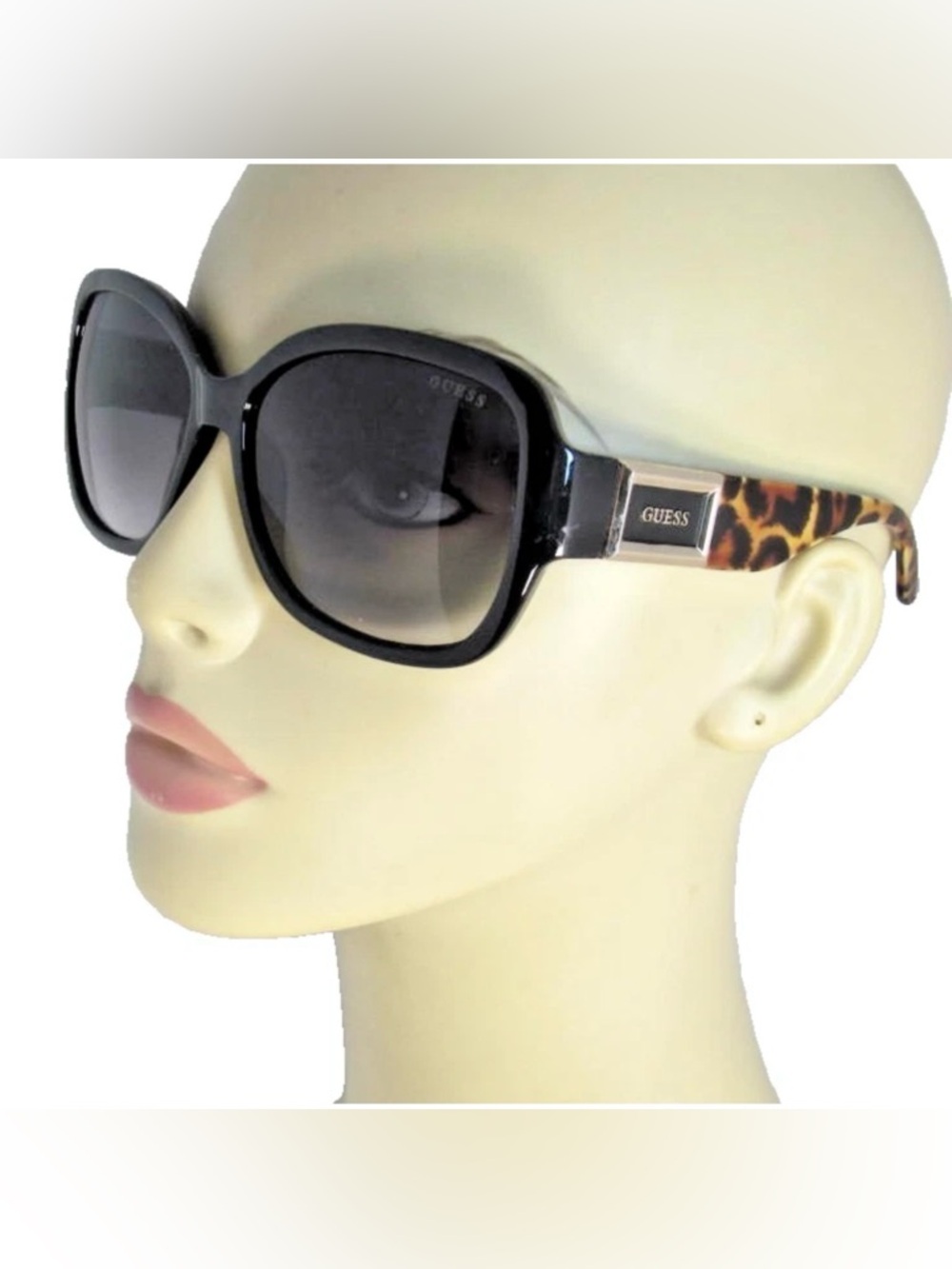 GUESS Black Plastic Rims Sunglasses Leopard Print Arms Gold Logo Box GO00043-05B
